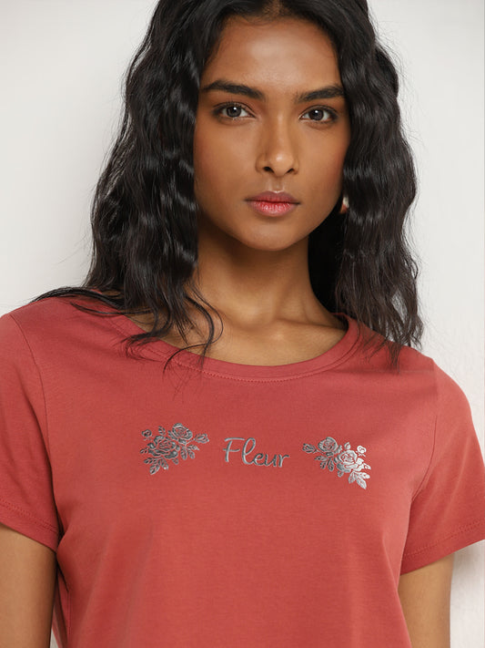 LOV Dusty Rose Text Printed Cotton T-Shirt