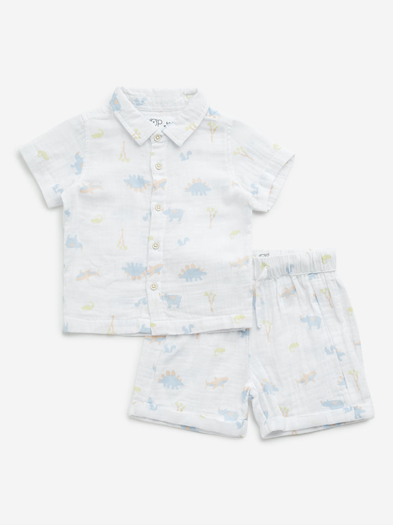 Westside HOP Baby Boy's White Print Cotton Shirt & Mid-Rise Shorts Set for Casual Wear Front View