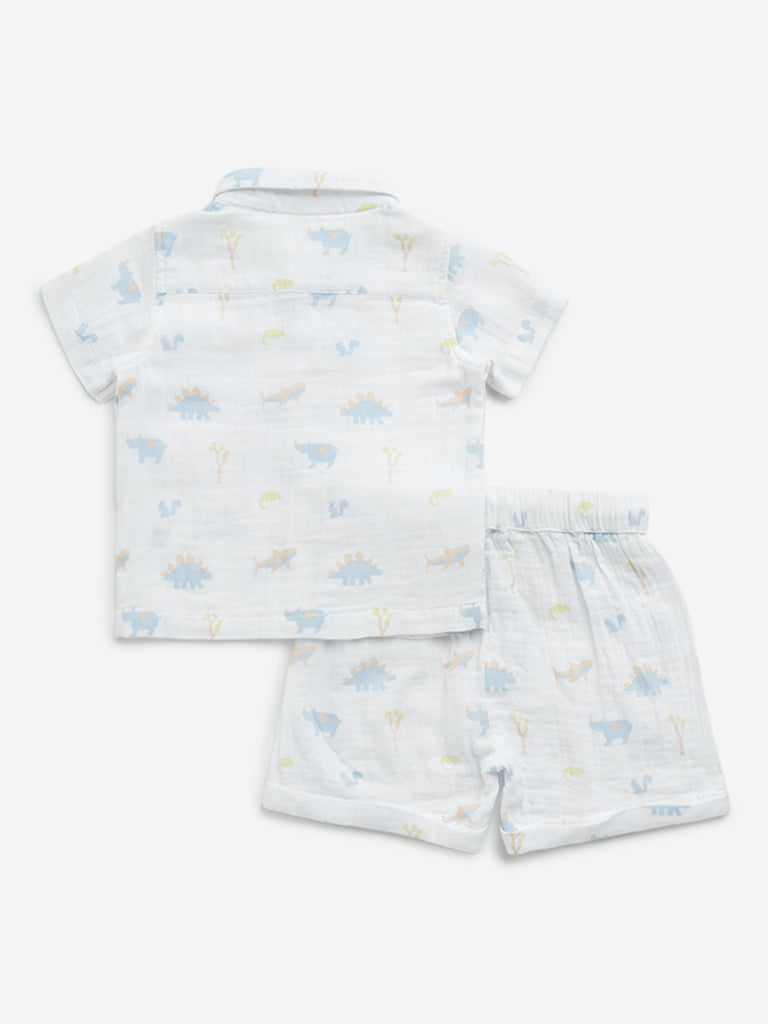 Westside HOP Baby Boy's White Print Cotton Shirt & Mid-Rise Shorts Set for Casual Wear Back View