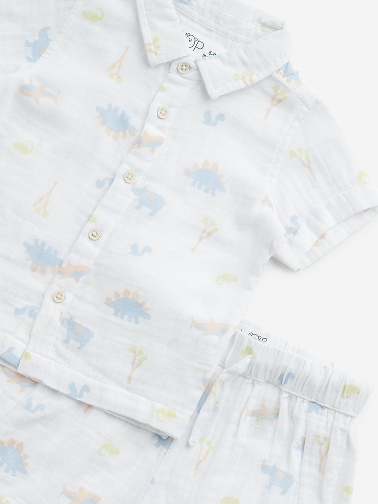Westside HOP Baby Boy's White Print Cotton Shirt & Mid-Rise Shorts Set for Casual Wear Zoomed View