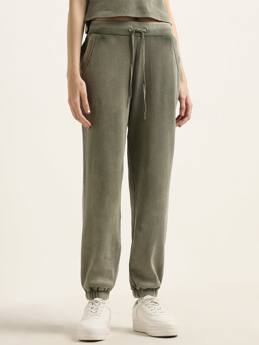 Studiofit Olive Waffle-Textured High-Rise Cotton Joggers