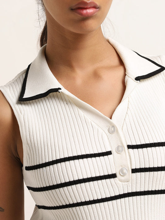 Studiofit Off-White Striped Ribbed Textured Top