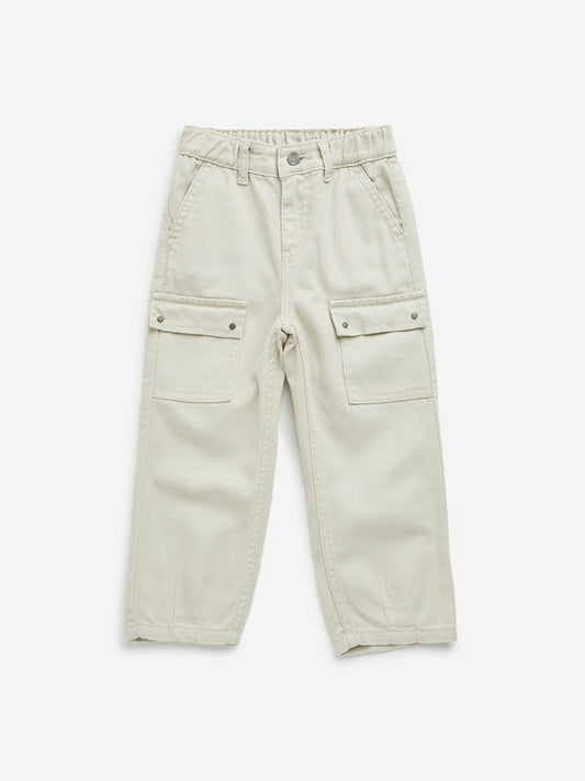 HOP Kids Beige Relaxed - Fit Mid - Rise Cotton Jeans