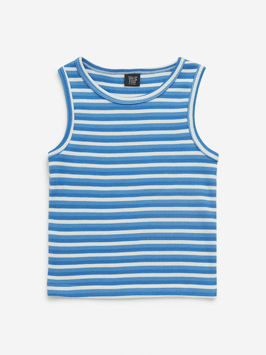 Y&F Kids Blue Striped Ribbed Textured Cotton Top