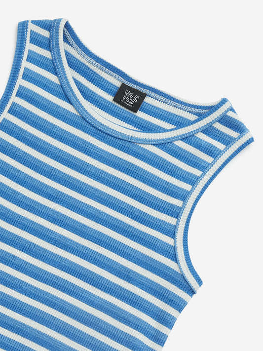 Y&F Kids Blue Striped Ribbed Textured Cotton Top