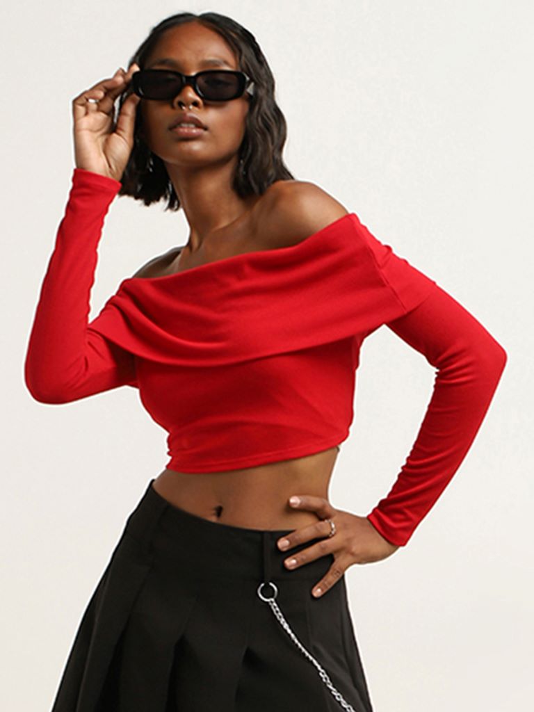Nuon Red Ribbed Textured Off-Shoulder Cotton-Blend Crop Top