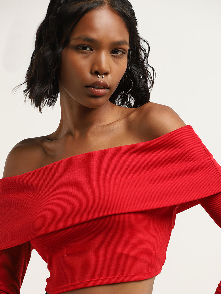 Nuon Red Ribbed Textured Off-Shoulder Cotton-Blend Crop Top