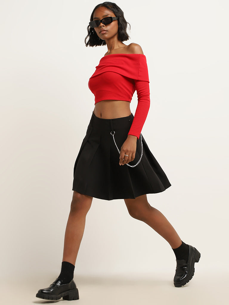 Nuon Red Ribbed Textured Off-Shoulder Cotton-Blend Crop Top