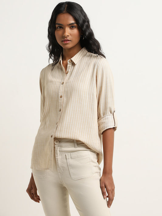 LOV Beige Stripe Printed Blended Linen Shirt