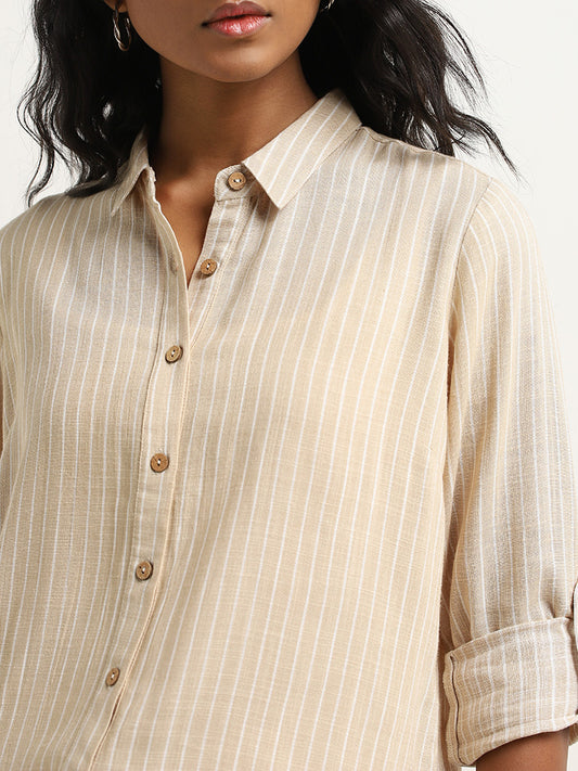 LOV Beige Stripe Printed Blended Linen Shirt