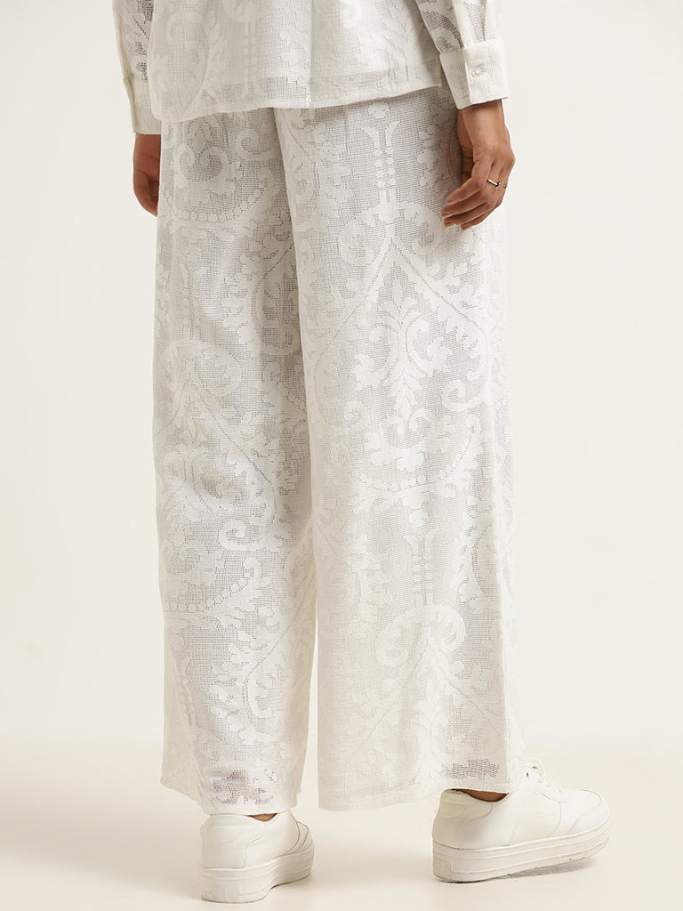 Buy LOV White Jacquard Printed Mid-Rise Cotton Pants from Westside