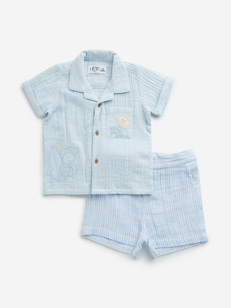 Westside HOP Baby Boy's Light Blue Embroidered Cotton Shirt with Shorts Set for Casual Wear Front View