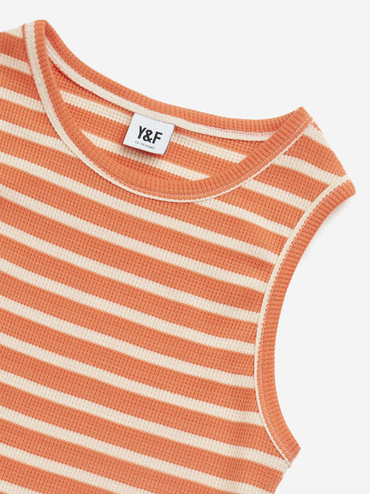 Y&F Kids Orange Striped Ribbed Textured Cotton Top