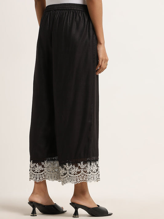 Zuba Black Floral Embroidered Mid-Rise Cotton Palazzos