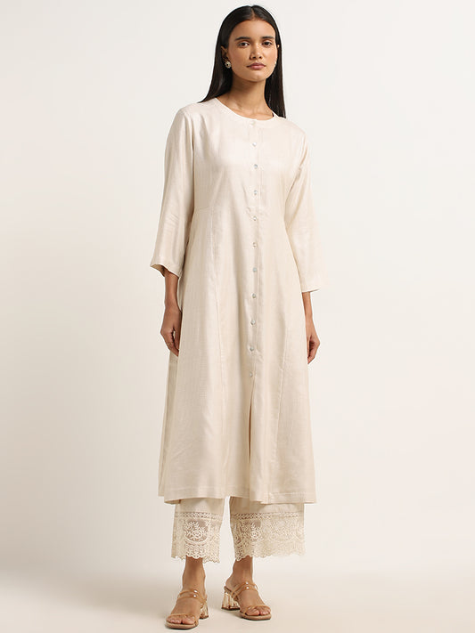 Zuba Light Beige Embroidered Mid-Rise Cotton Palazzos