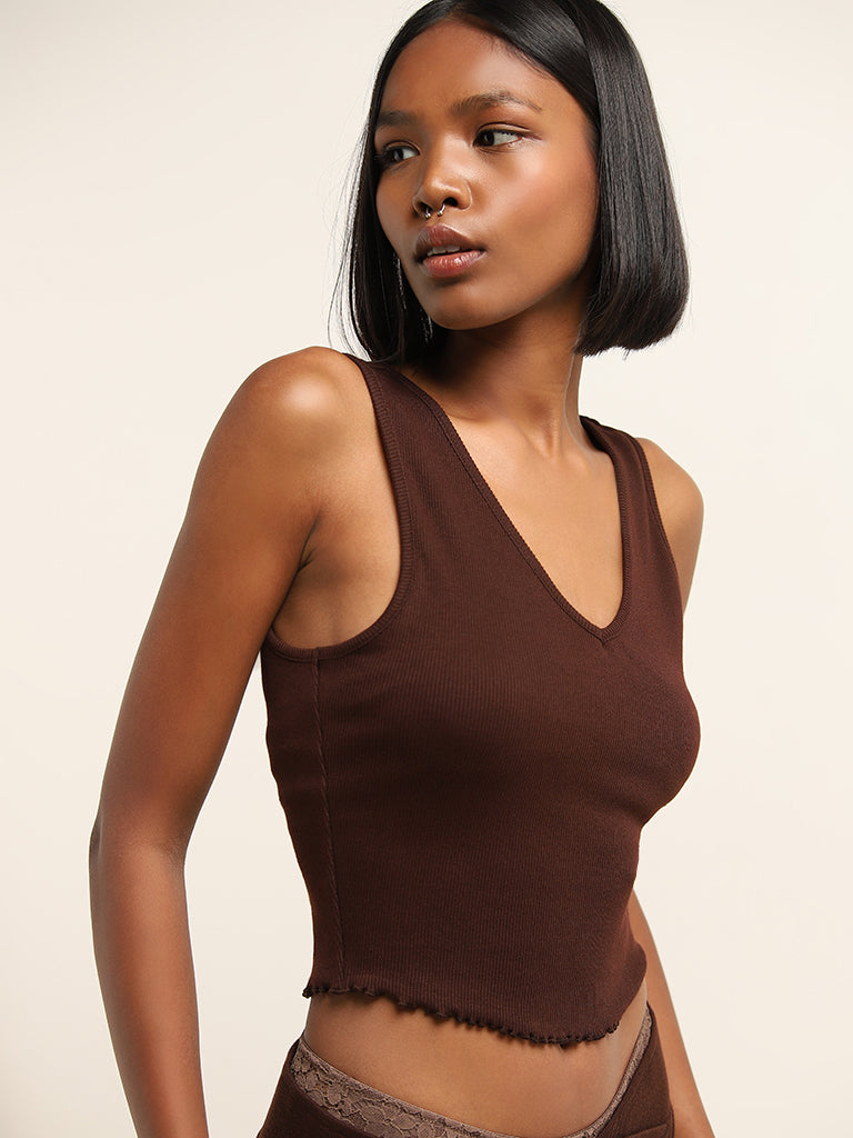 Superstar Brown Ribbed Cotton-Blend Top