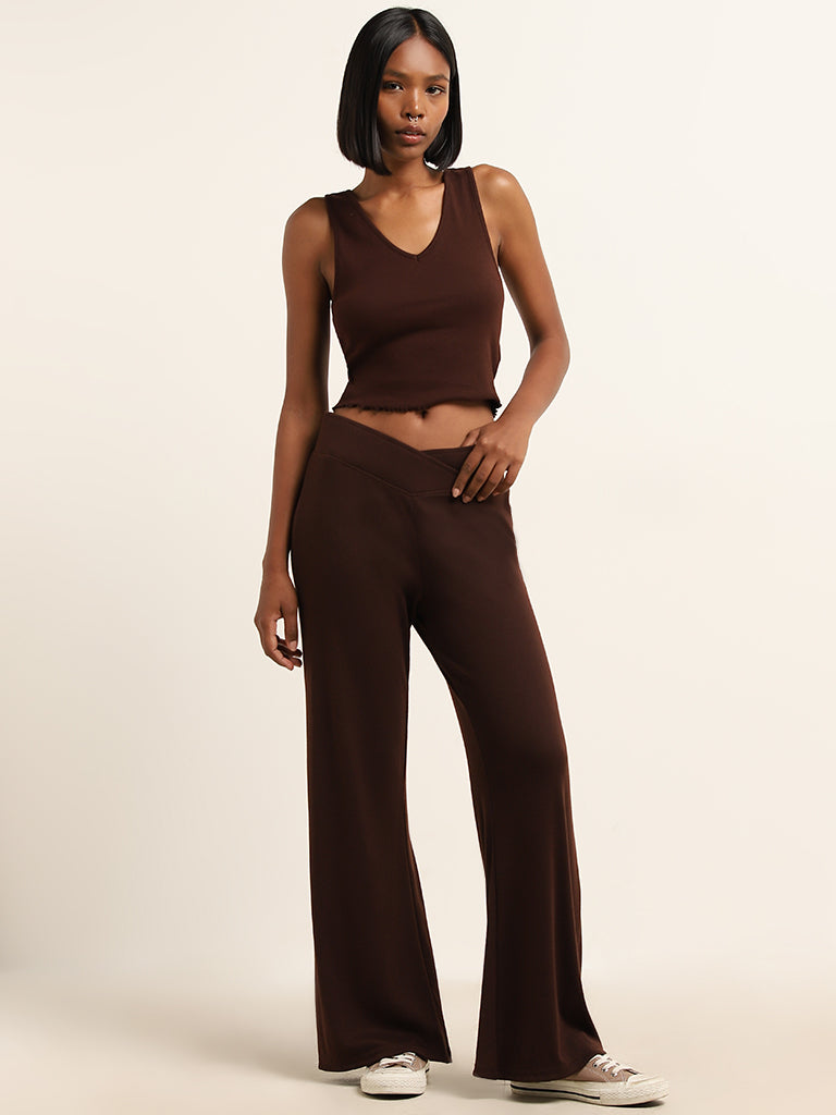Superstar Brown Ribbed Cotton-Blend Top