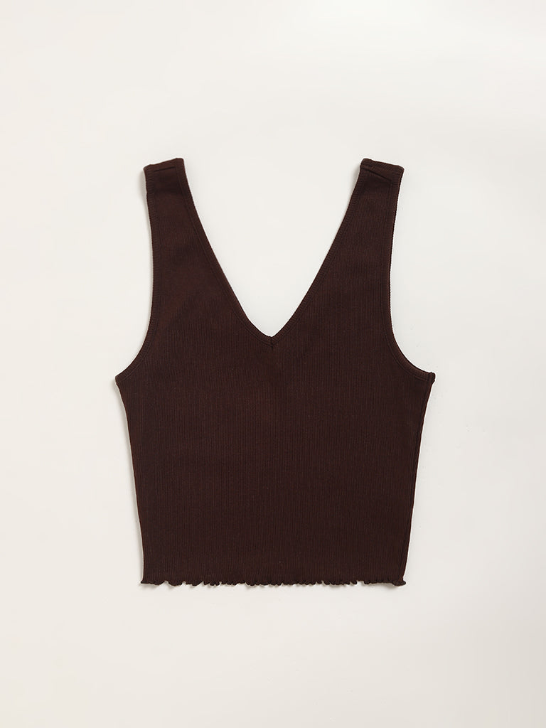 Superstar Brown Ribbed Cotton-Blend Top