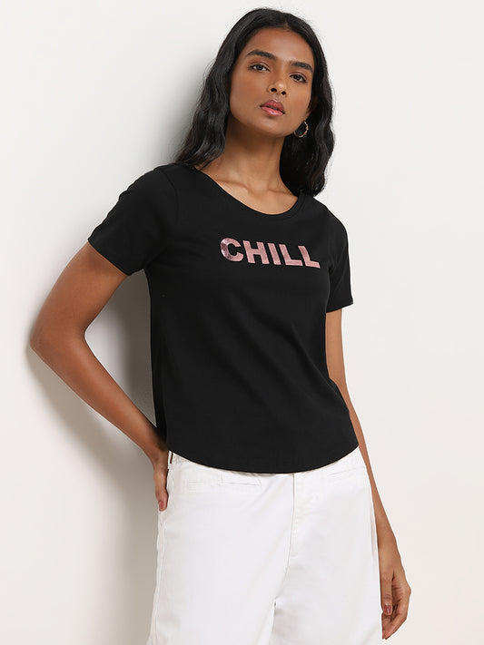LOV Black Typographic Print Cotton T-Shirt