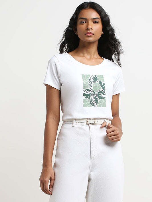 LOV White Leaf Print Cotton T-Shirt