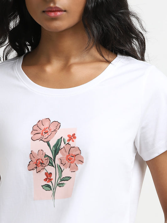 LOV White Floral Printed Cotton T-Shirt