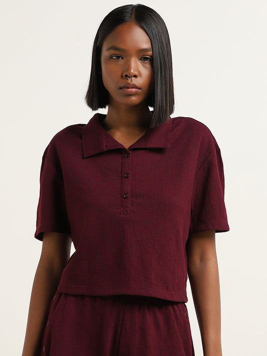 Superstar Maroon Ribbed Textured Cotton Polo T-Shirt