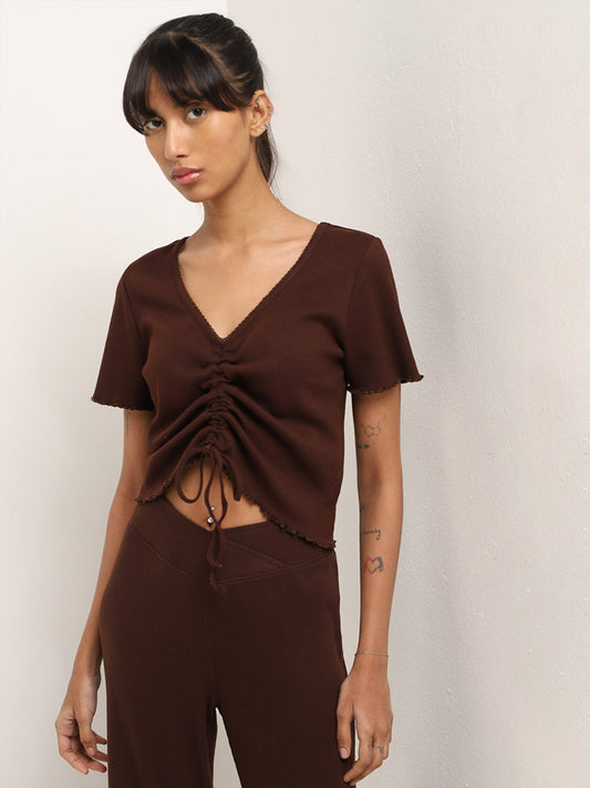 Superstar Brown Ruched-Detailed Cotton Blend Top