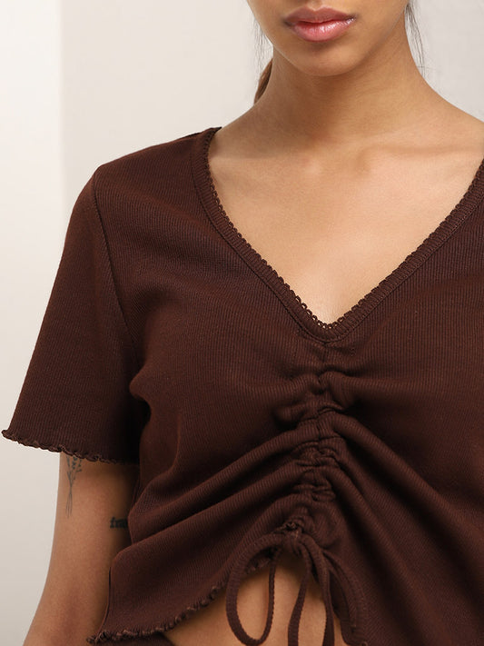 Superstar Brown Ruched-Detailed Cotton Blend Top
