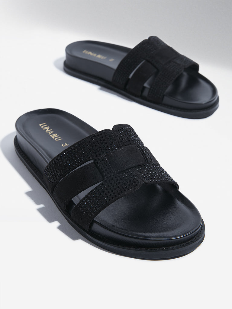 Black embellished slides hotsell