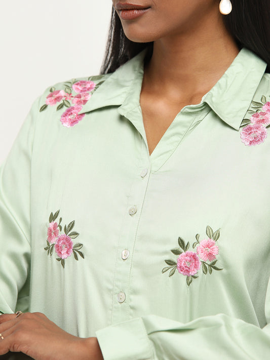 Zuba Sage Green Floral Embroidered A-line Cotton Kurti