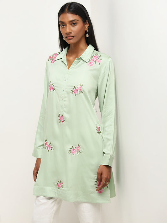 Zuba Sage Green Floral Embroidered A-line Cotton Kurti
