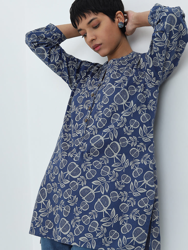 Buy Utsa Blue Anar Print Straight Cotton Blend Kurti from Westside