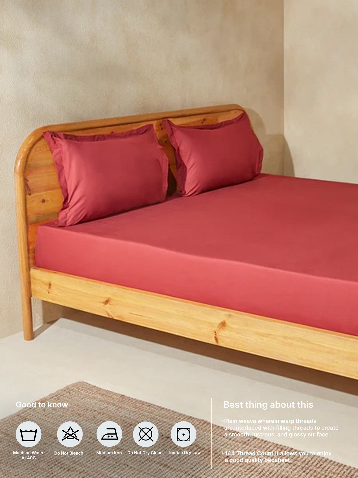 Westside Home Dark Red Solid Queen Bed Fitted Sheet and Pillowcase Set