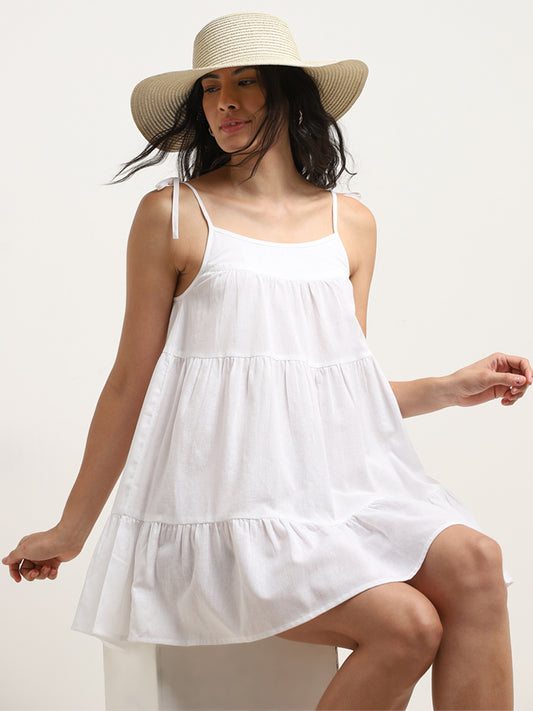 Wunderlove White Swimwear Cover Up Cotton Blend Tiered Dress