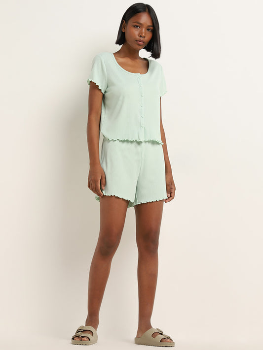 Superstar Mint Ribbed Textured Mid-Rise Shorts