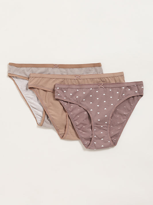 Wunderlove Taupe Printed Cotton Blend Briefs - Pack of 3