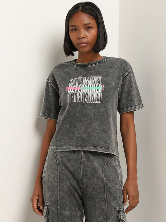 Studiofit Black Text Design Faded Cotton T-Shirt