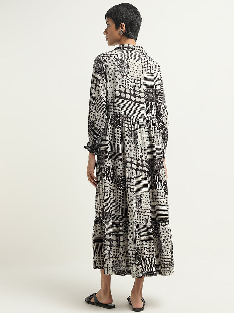 Buy Utsa Black Geometric Design Tiered Long Dress from Westside
