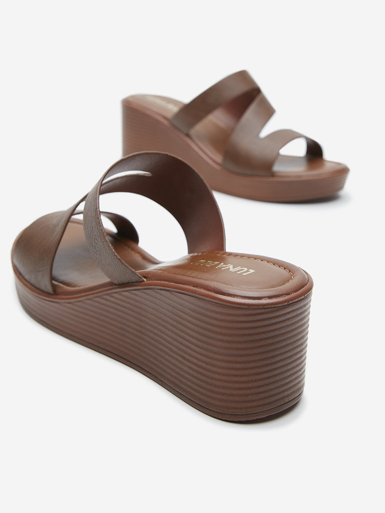 Westside LUNA BLU Women's  Tan Multi-Strap Wedge-Heel Sandals for Casual Wear Zoomed View