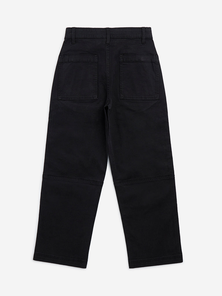 Y&F Kids Black Cargo-Style Mid-Rise Cotton-Blend Trousers