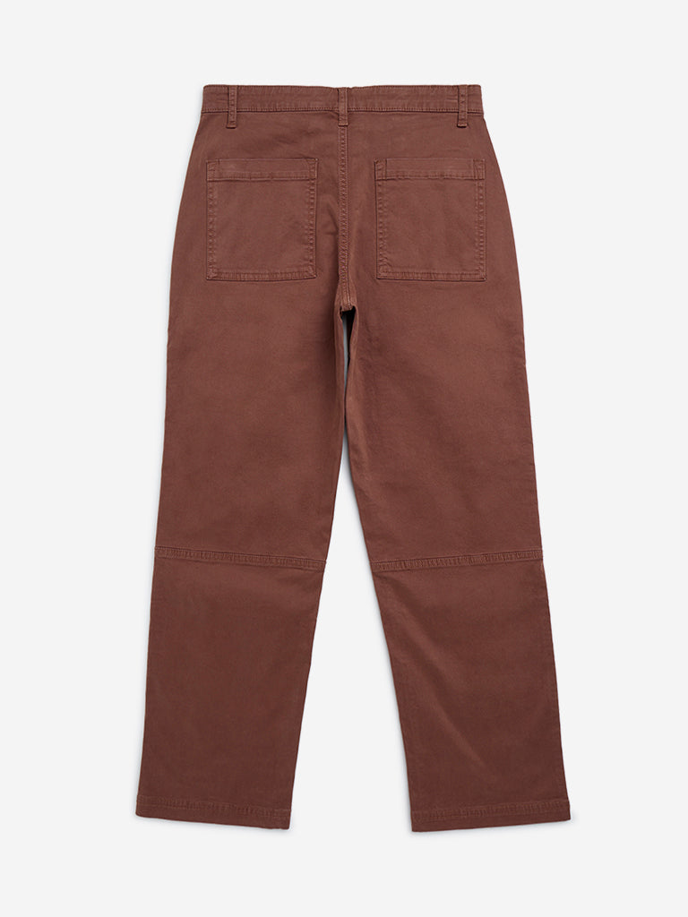 Y&F Kids Brown Cargo-Style Mid-Rise Cotton-Blend Trousers