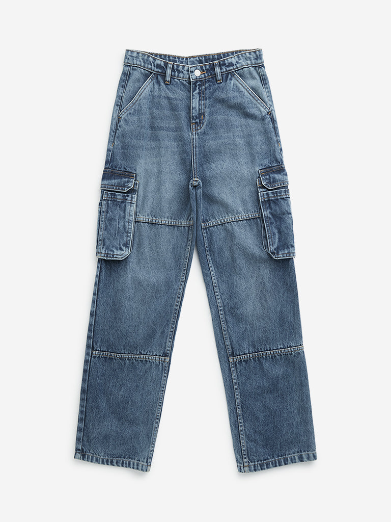 Westside Y&F Boy's Blue Cargo-Style Relaxed - Fit High - Rise Jeans for Casual Wear Front View