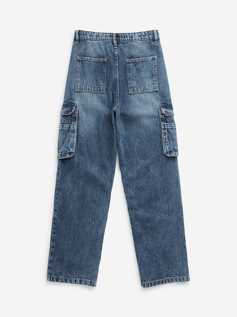 Westside Y&F Boy's Blue Cargo-Style Relaxed - Fit High - Rise Jeans for Casual Wear Back View