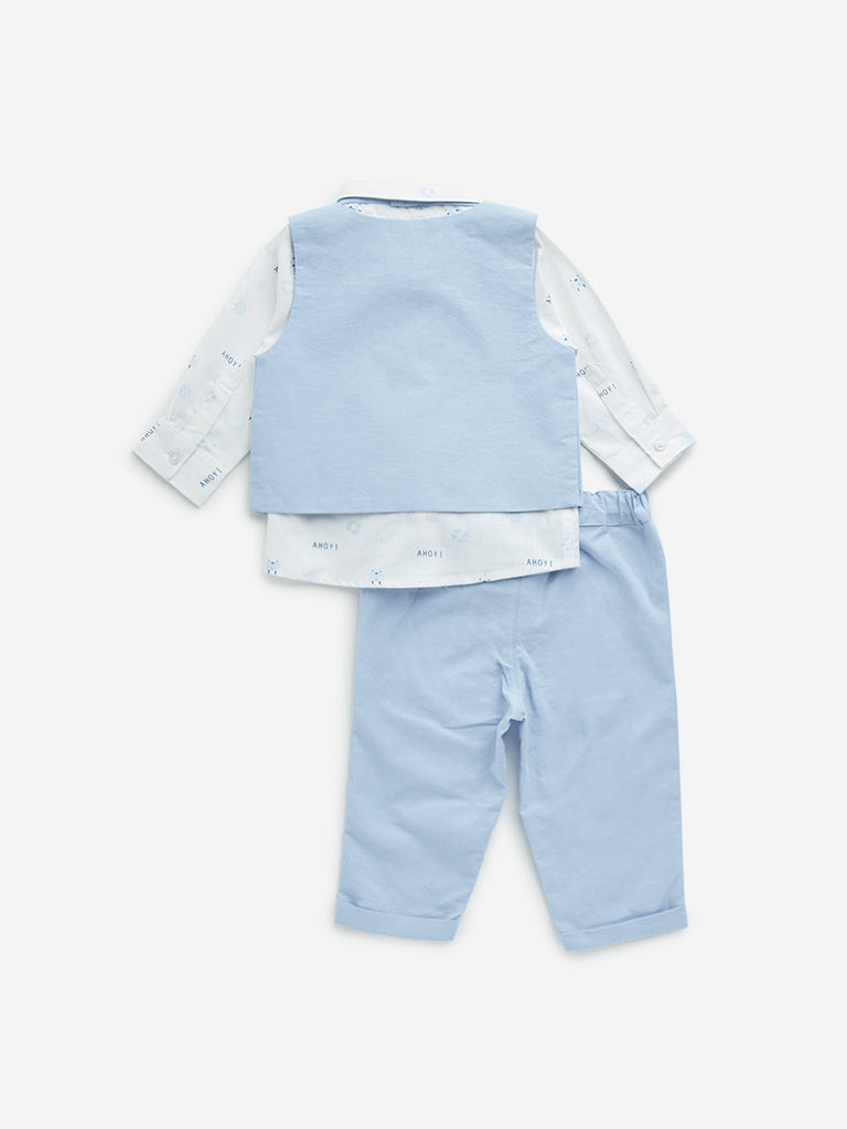 Westside HOP Baby Boy's Light Blue Cotton Shirt, Waistcoat, Trousers & Bow Set for Casual Wear Back View