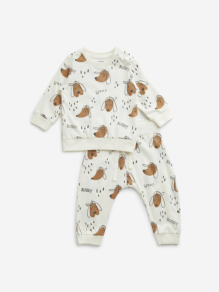 Westside HOP Baby Boy's Off-White Dog Printed Cotton T-Shirt with Joggers Set for Casual Wear Front View