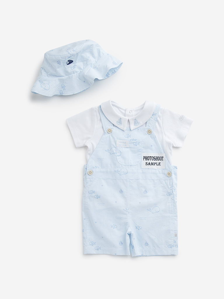 Westside HOP Baby Boy's Light Blue Dungaree, Cotton T-Shirt and Hat Set for Casual Wear Front View