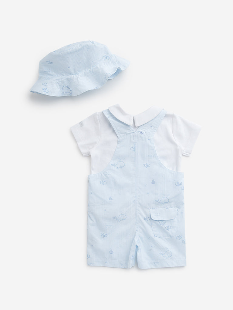 Westside HOP Baby Boy's Light Blue Dungaree, Cotton T-Shirt and Hat Set for Casual Wear Back View