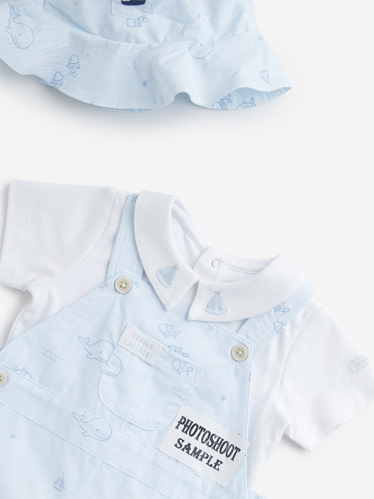Westside HOP Baby Boy's Light Blue Dungaree, Cotton T-Shirt and Hat Set for Casual Wear Zoomed View