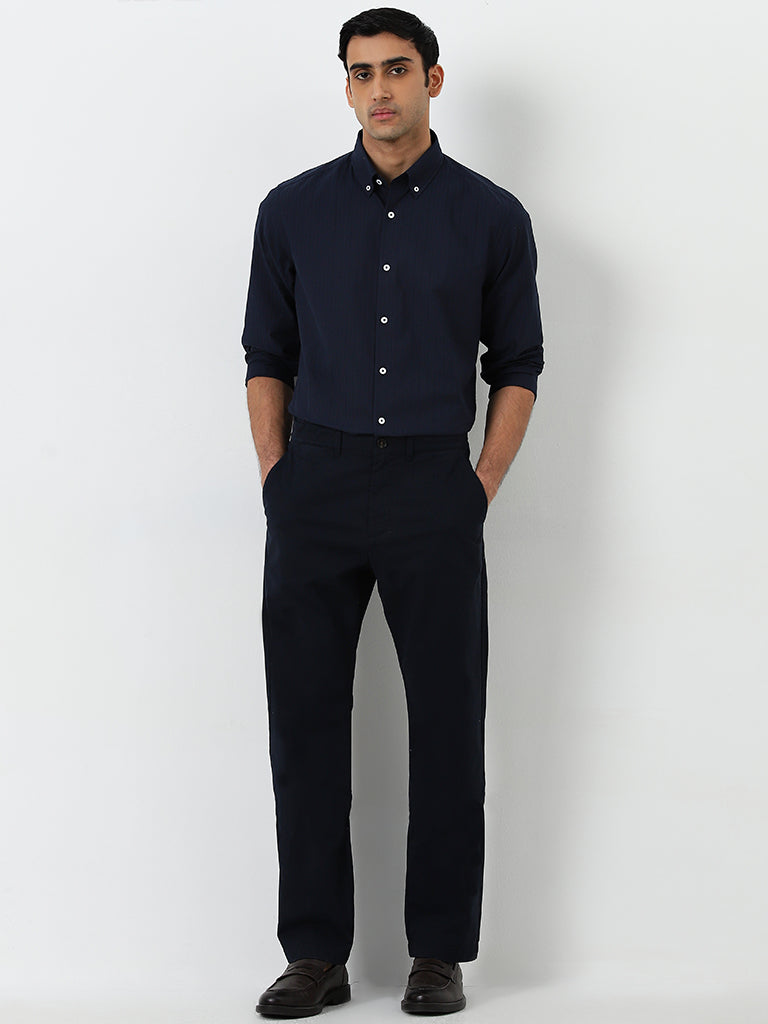 Buy Ascot Navy Solid Relaxed-Fit Mid-Rise Cotton Blend Chinos from Westside