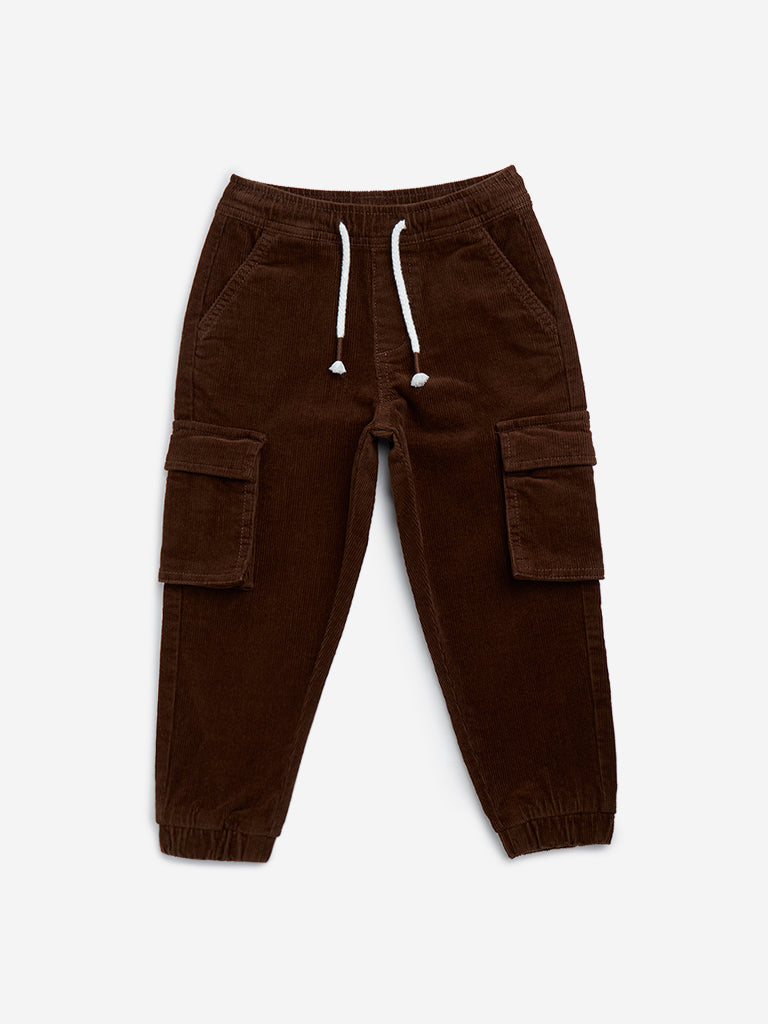 HOP Kids Brown Cargo-Style Corduroy Mid-Rise Cotton-Blend Joggers